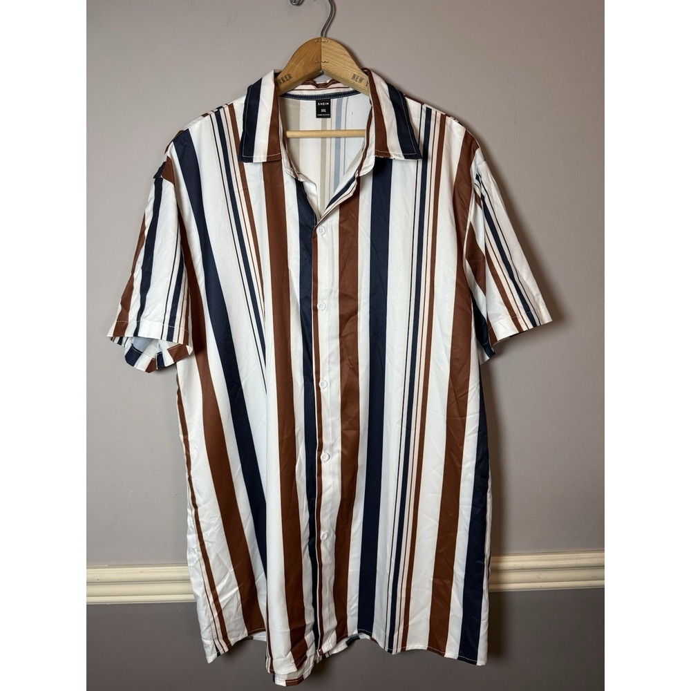 Shein Manfinity Homme Striped Shirt Short Sleeve Button‎ Up Men's XXL Blue/Brown